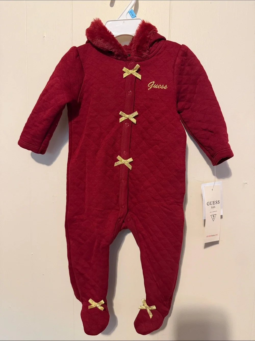 Guess Burgundy Quilted Hooded Footie with Gold Bows